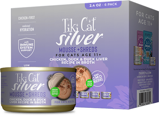 Tiki Cat Silver Senior Mousse & Shreds With Chicken, Duck & Duck Liver Recipe In Broth